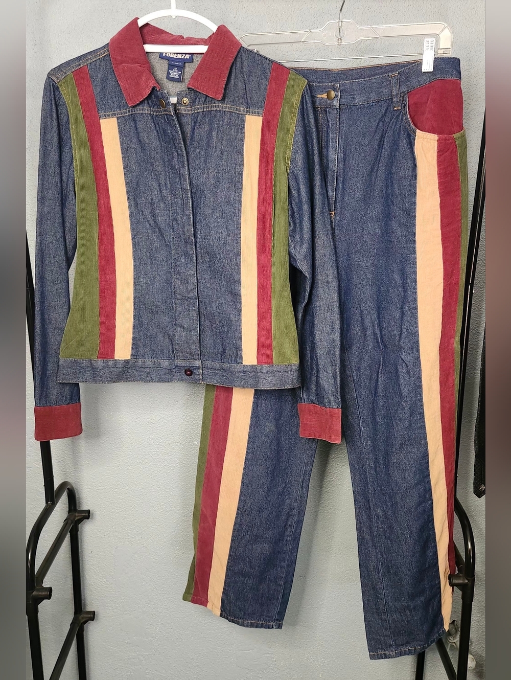 Forenza Denim Two-Piece Jacket & Pants Set - Red, Olive, Peach Stripe